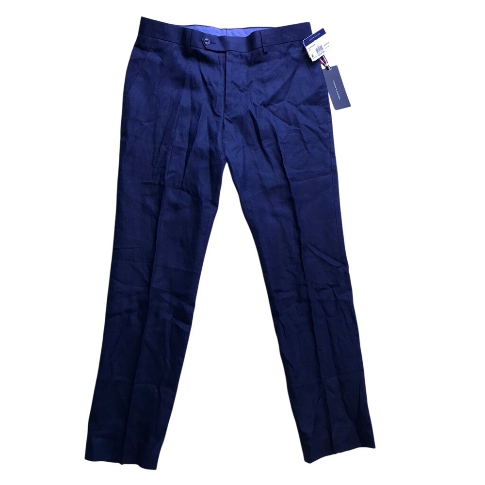 Tommy Hilfiger Hall Trousers Mens 32x30 Navy Blue 100% Linen Flat Front Summer